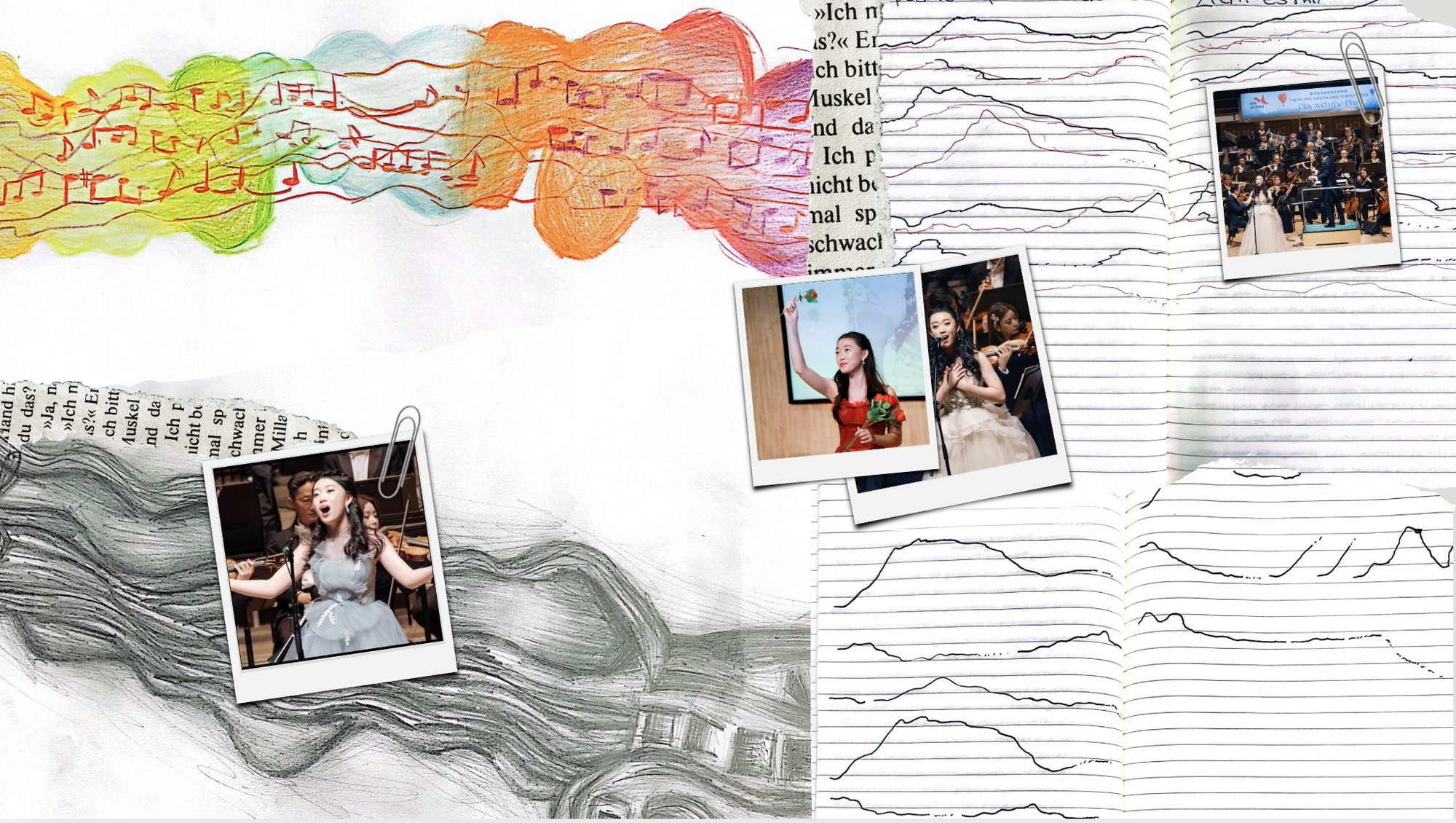 A collage of the artist's journal: coloured pencil notation, torn fragments of German text, lined notebook pages with melodic contour lines, a graphite drawing, and three polaroid photographs of the singer performing, one held with a paperclip.