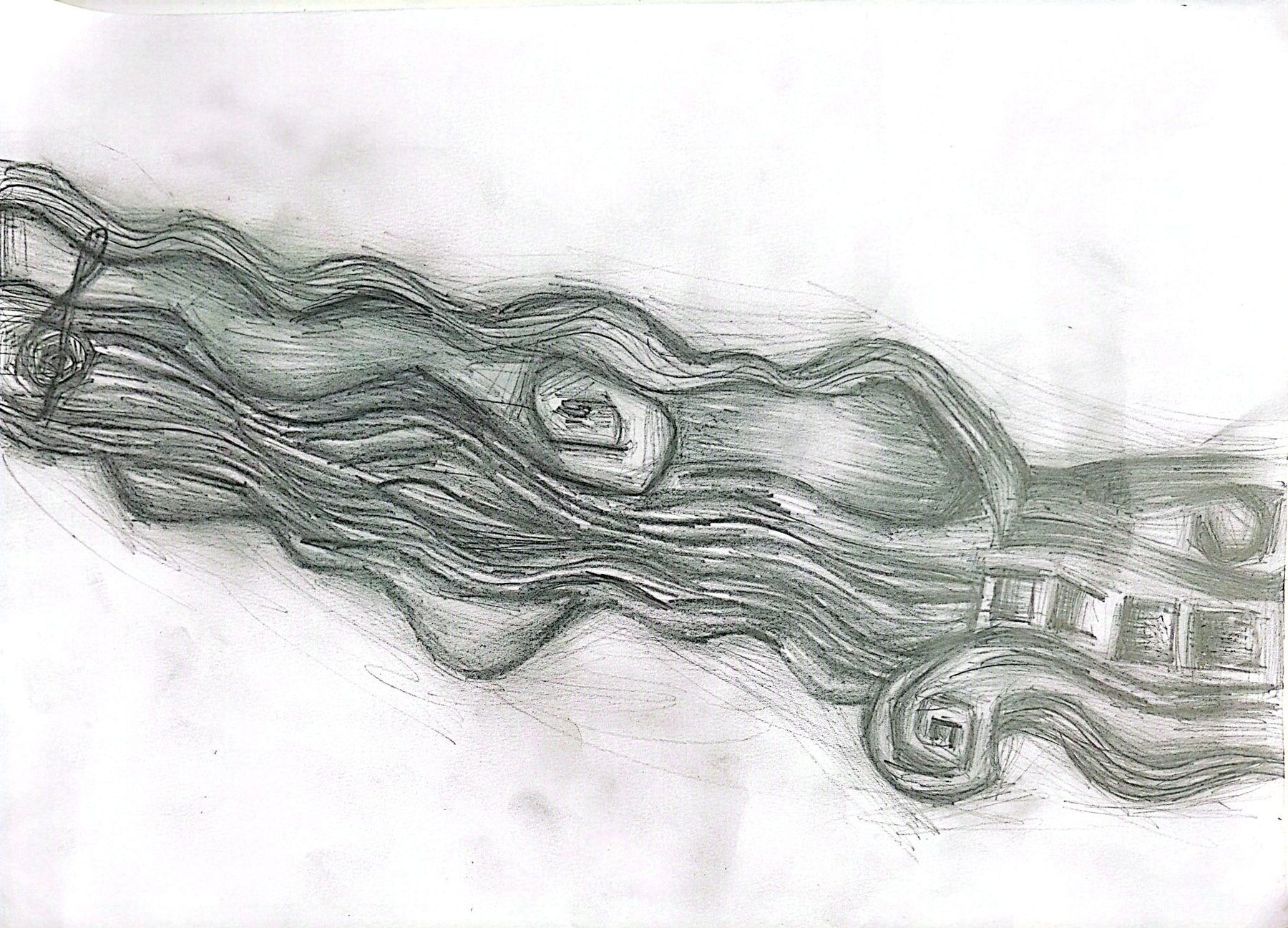 A graphite pencil drawing of a treble clef at the left flowing into a wide river of many wavy parallel lines that cross the page diagonally, with small square shapes caught in the current near the right.